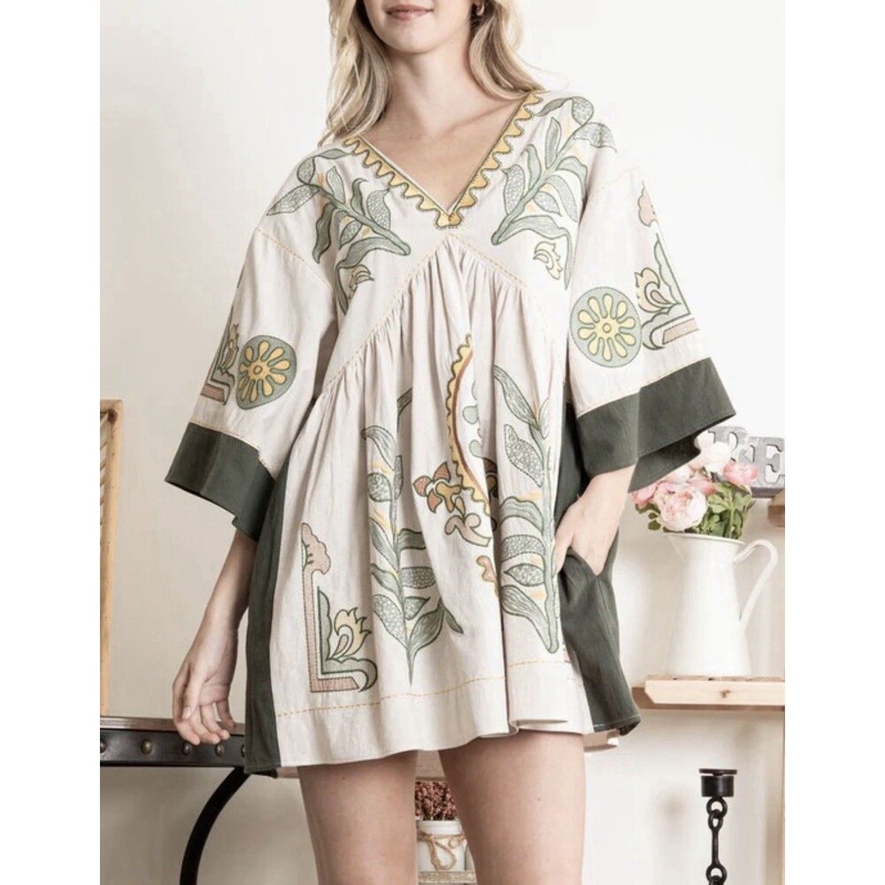 Blue Velvet Women’sTaupe Rust Embroidered  Babydoll Dress L/XL V-Neck 3/4 Sleeve